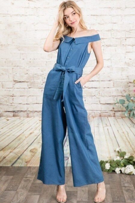 fold over collar detailed button down off shoulder chambray denim wide leg palazzo jumpsuit with waist tie