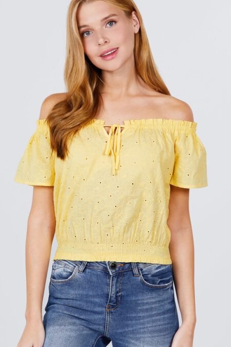 short sleeve off the shoulder front tie detail smocked hem eyelet lace woven top