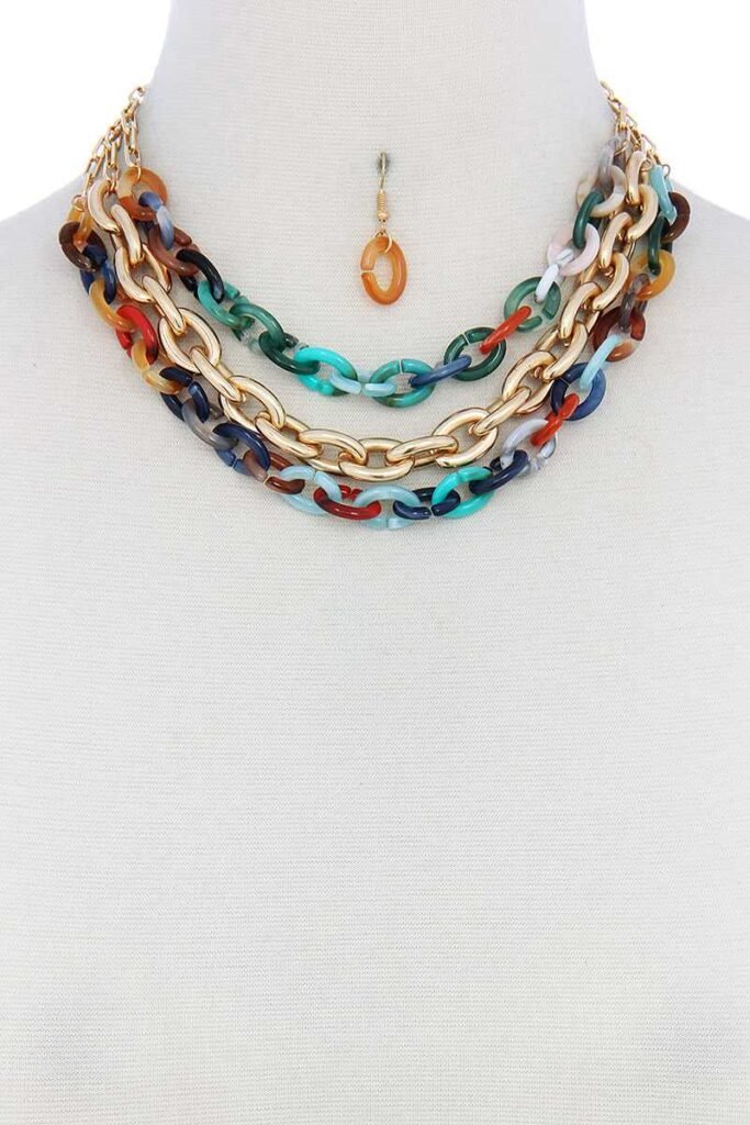 triple layer multi color thick chain necklace and earring set