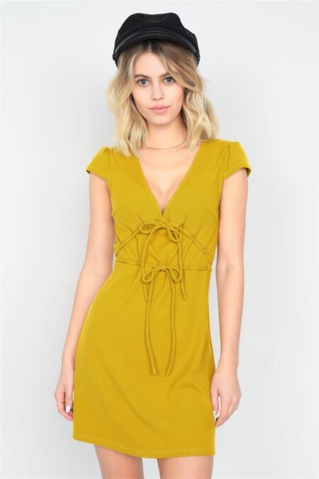 mustard ribbed v neck cap sleeve mini solid casual dress