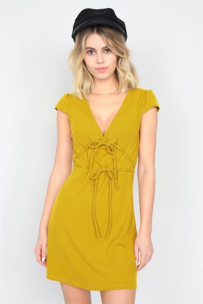 mustard ribbed v neck cap sleeve mini solid casual dress