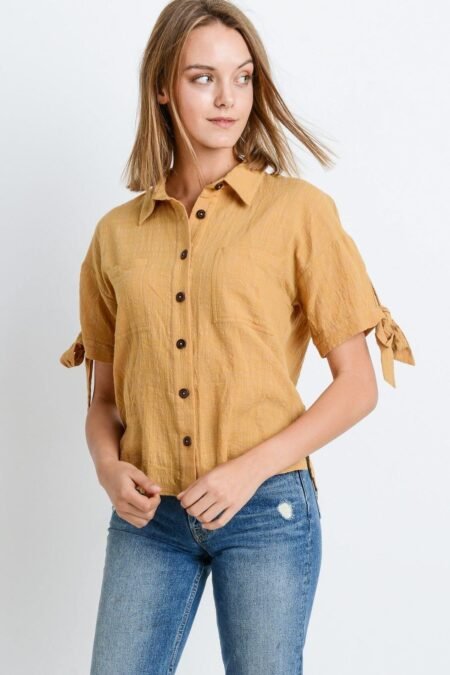 short sleeve button up top with tie sleeve