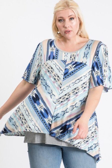 short sleeve aztec patterned layered top