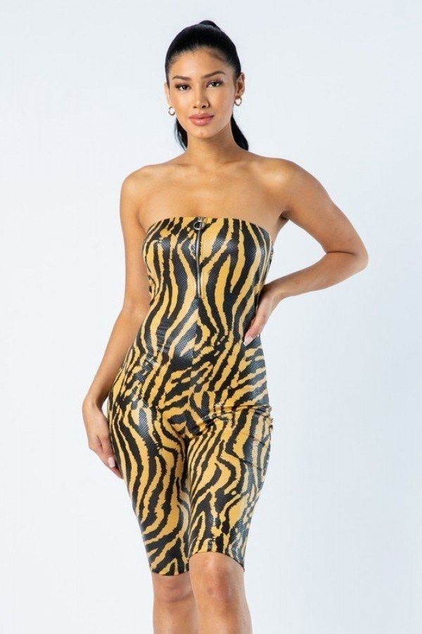 zebra print tube romper with front o ring zipper detail