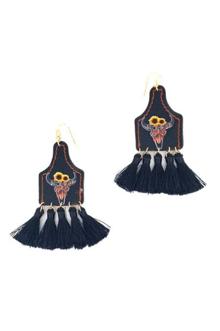 stylish western cow skull and tassel drop earring