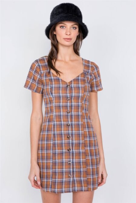 brown multi checkered stripe casual open back vintage mini dress