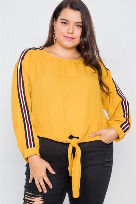 plus size color block sleeve front knot semi sheer top