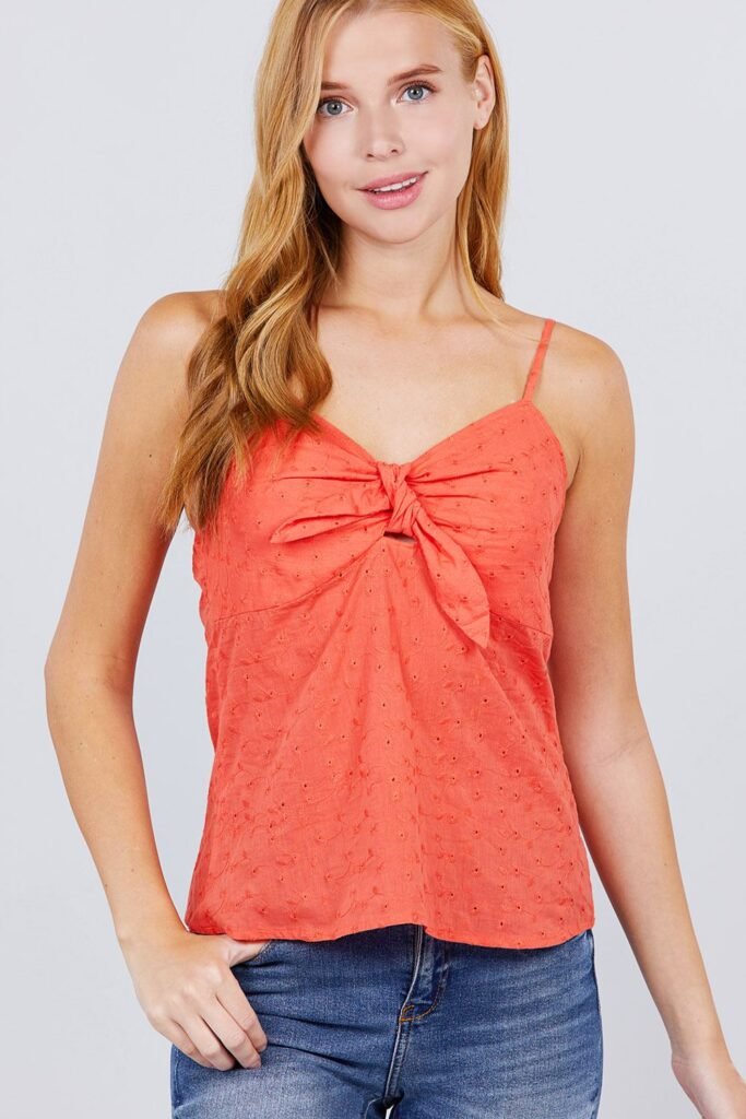 v neck w/front bow tie eyelet woven cami top