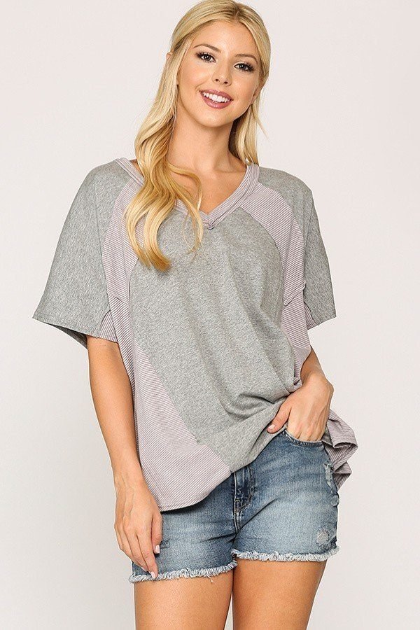 rib knit mixed dolman sleeve top with round hem