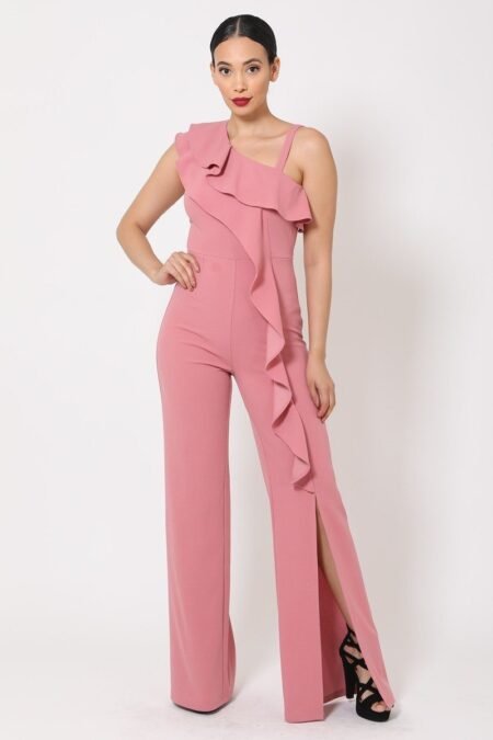 one shoulder ruffle jumpsuit