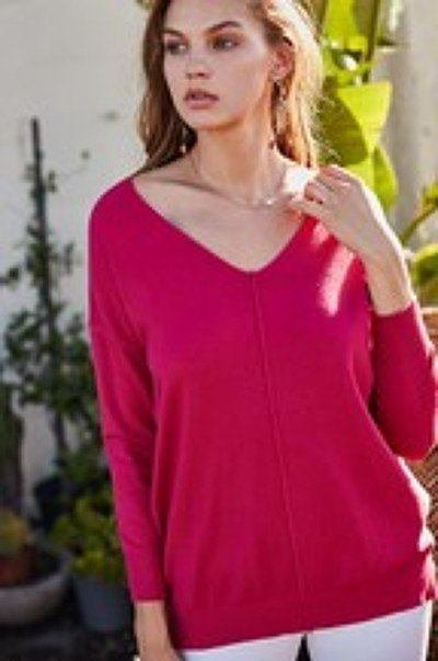 v neck 3/4 sleeve side slit hi lo sweater