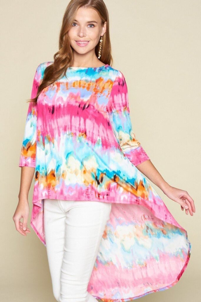 tie dye venechia high low fashion top with 3/4 sleeves