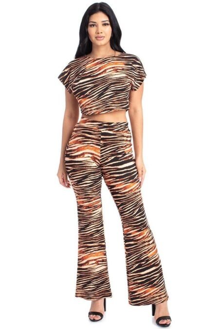 zebra print crop top and palazzo pants set