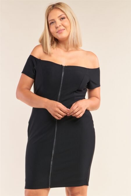 plus size fitted off the shoulder front zipper bodycon mini dress