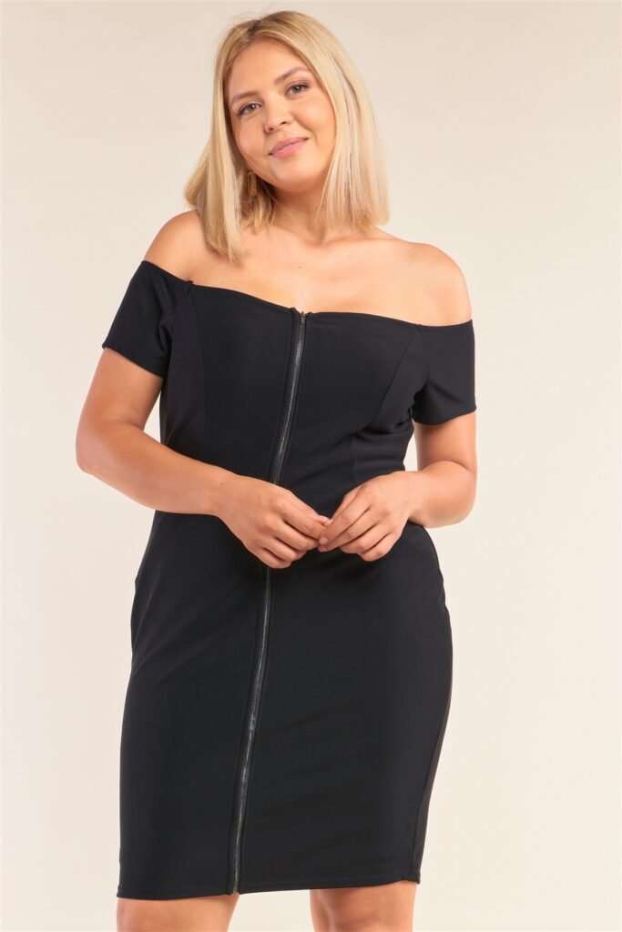 plus size fitted off the shoulder front zipper bodycon mini dress
