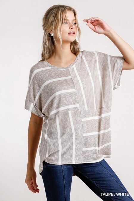 horizontal and vertical striped short folded sleeve top with high low hem