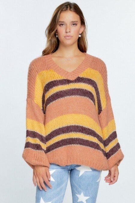 v neck cozy thick knit stripe pullover sweater