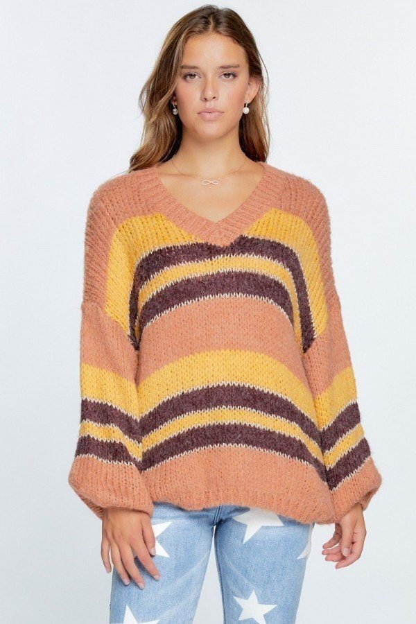 v neck cozy thick knit stripe pullover sweater