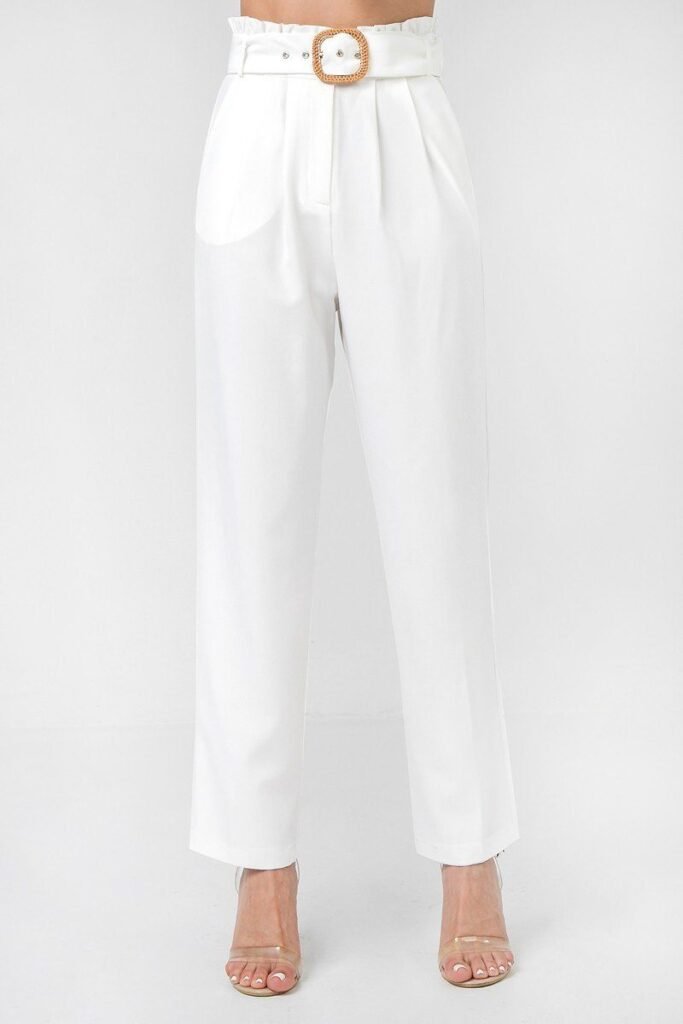 a solid pant featuring paperbag waist with rattan buckle belt