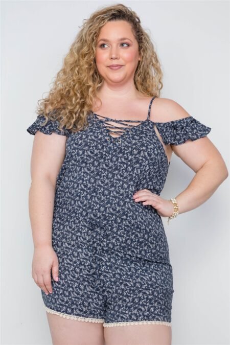plus size navy floral print lace up romper