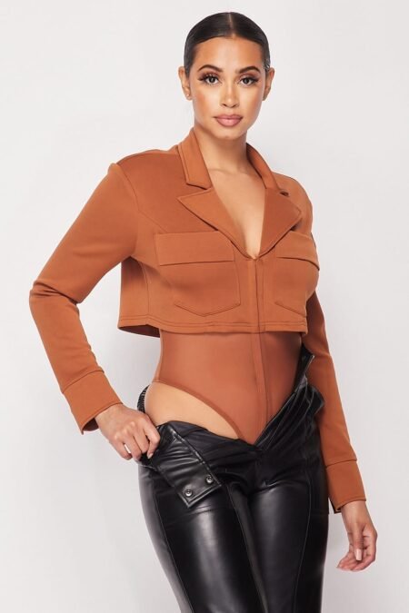 deep v cropped power shoulder blazer bodysuit