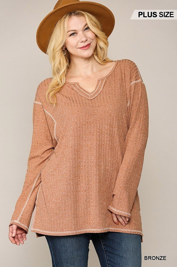 two tone ribbed tunic top with side slits