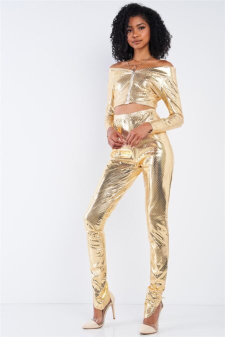 metallic small scales print long sleeve off the shoulder cropped top and high waist slim fit legging set