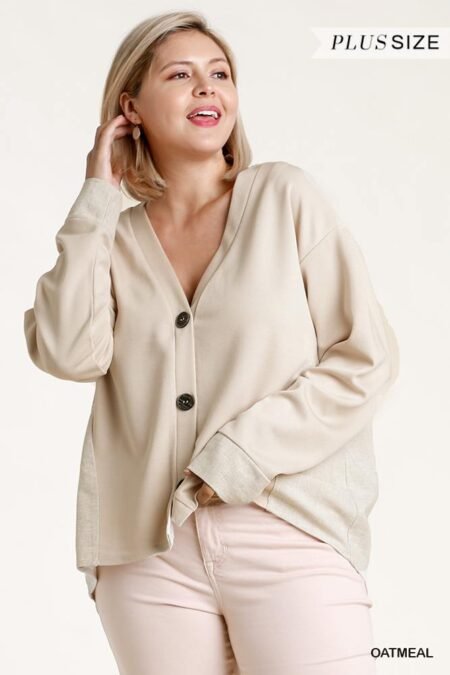 linen blend button down cardigan with high low hem
