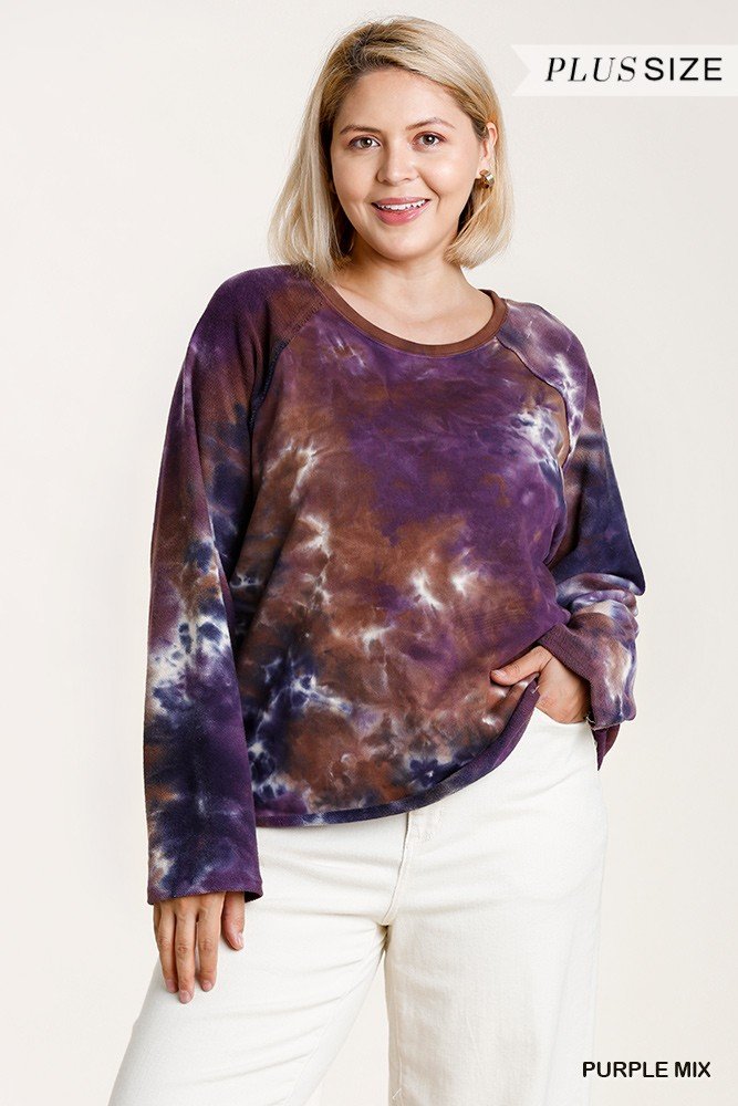 french terry tie dye raglan long sleeve top with raw hem