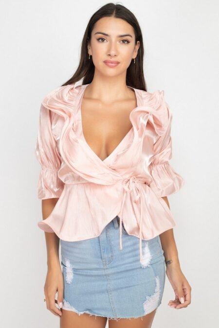 surplice short sleeve ruffle top