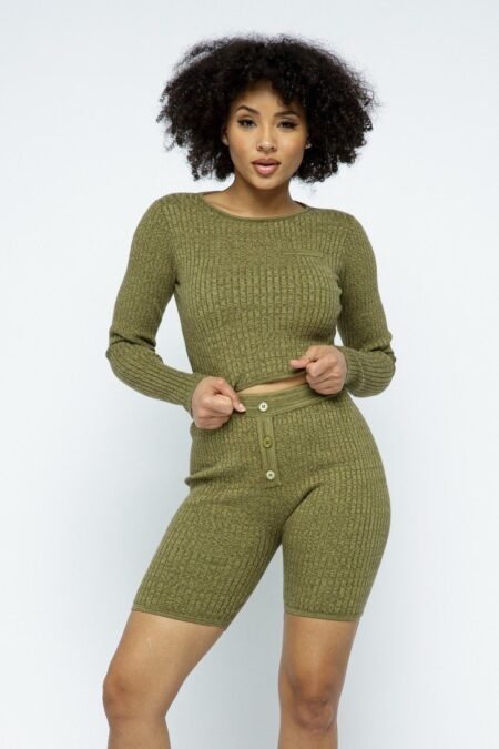 knit long sleeve cropped top knit high waist biker shorts set