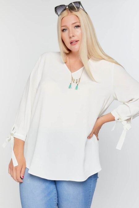 solid v neck 3/4 sleeve tie accent blouse top