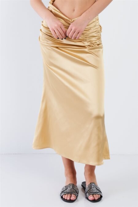 satin ruffle waist midi skirt