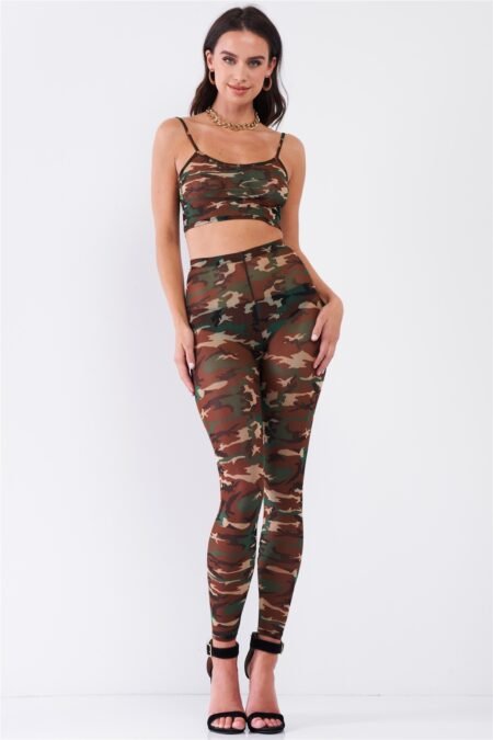 sexy sheer mesh sleeveless crop top & high waist legging set