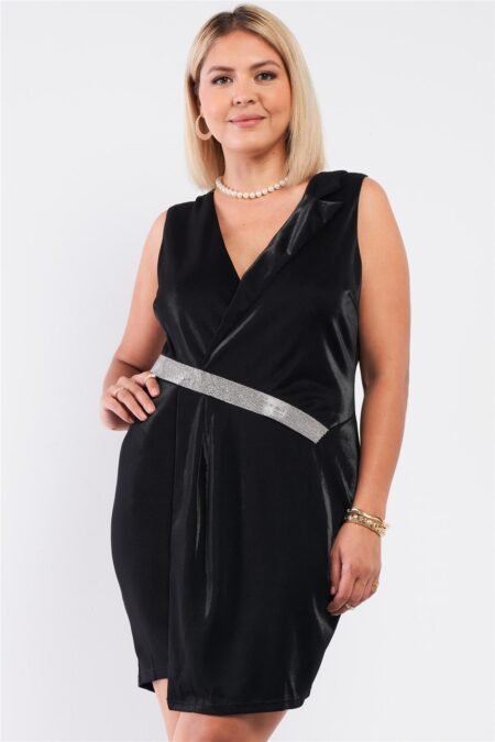 sleeveless v neck asymmetrical wrap rhinestones detail fitted mini blazer dress