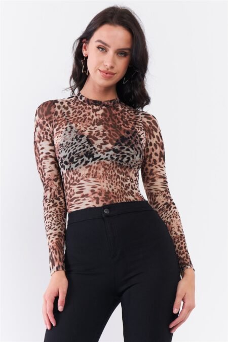 brown cheetah sheer mesh mock neck long sleeve bodysuit