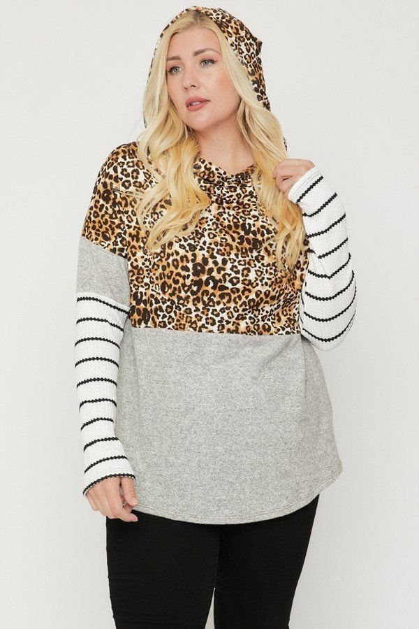 plus size color block hoodie featuring a cheetah print