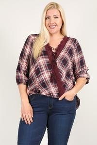plaid 3/4 sleeve top with hi lo hem, v neckline, and relaxed fit