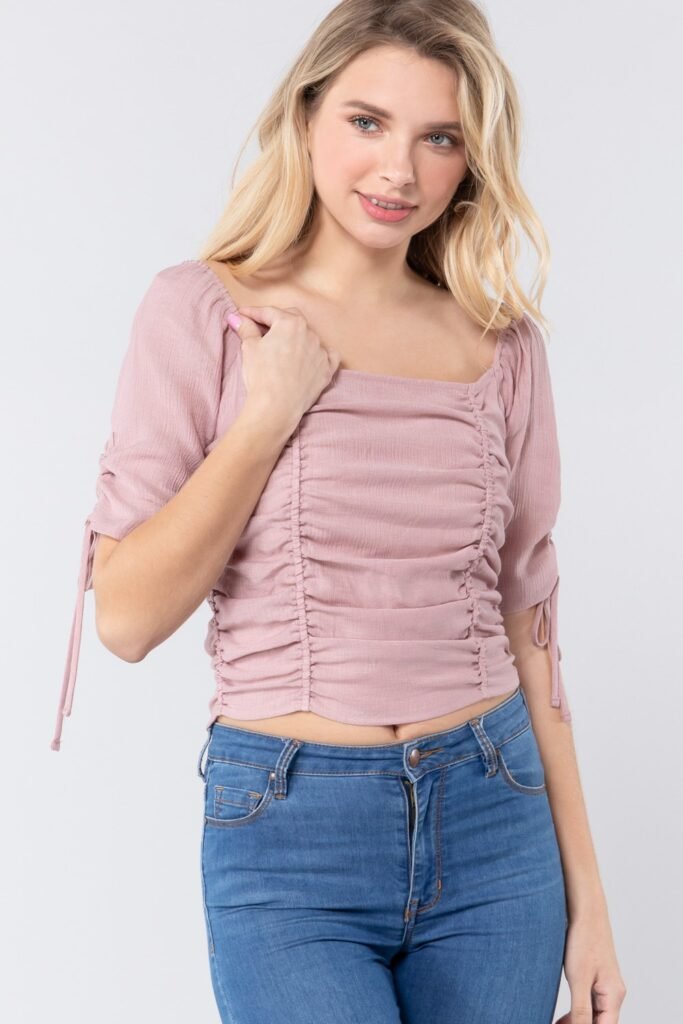 elbow slv smocked ruched woven top