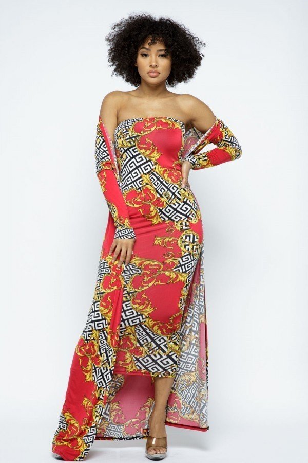 venechia print tube dress with cardigan set