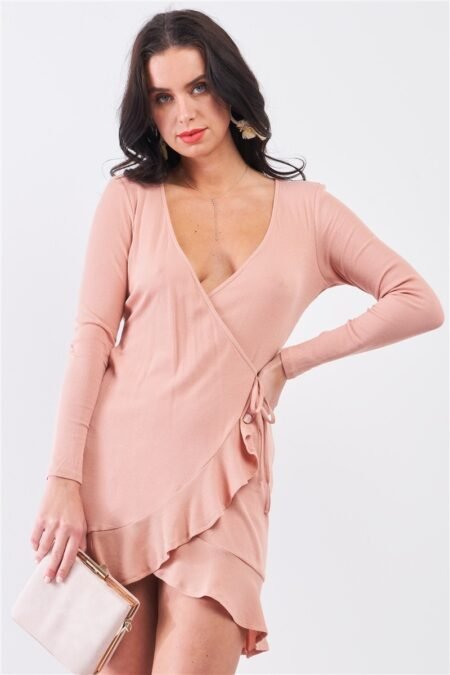 tan blush ribbed deep plunge v neck asymmetrical wrap flare hem dress