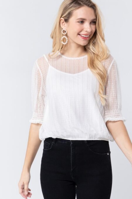 elbow slv dot mesh top w/inner cami