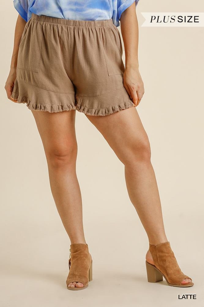 linen blend elastic waist ruffle hem shorts with pockets