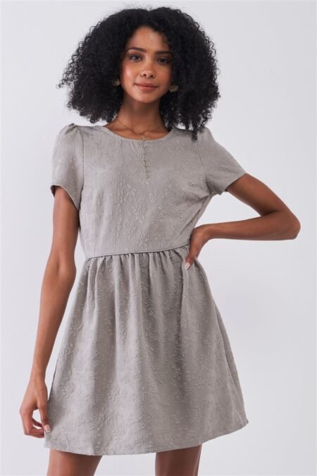 silver grey floral embroidery round neck short sleeve mini dress