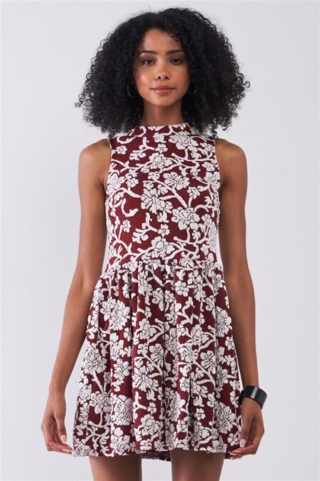 burgundy & white floral crew neck sleeveless fitted mini dress
