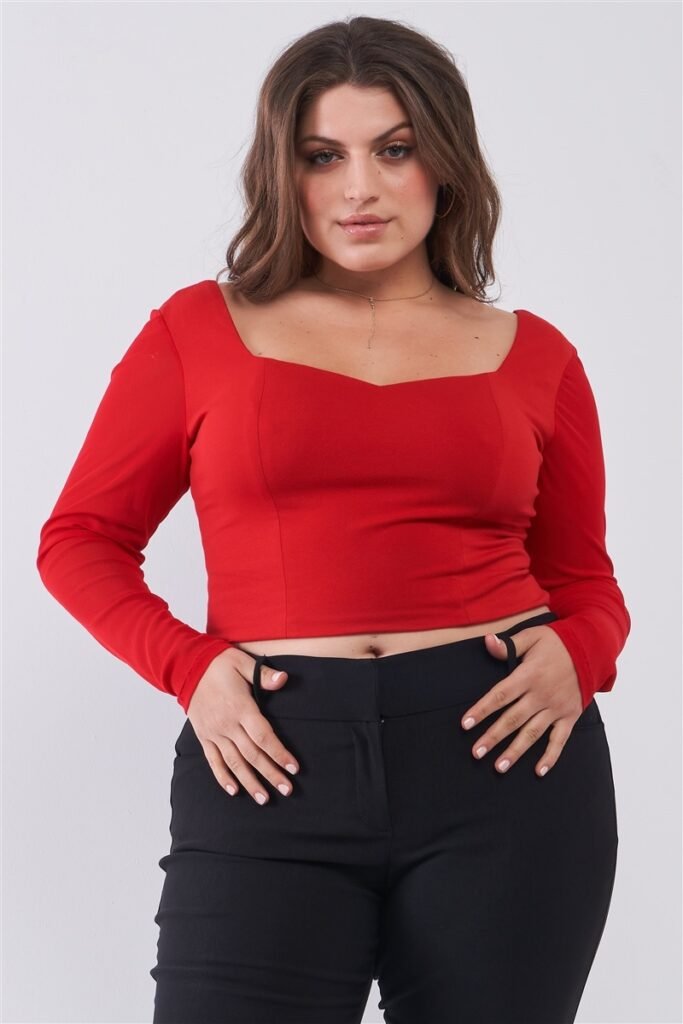 plus size crimson red long mesh sleeve sweetheart neck detail structured crop top