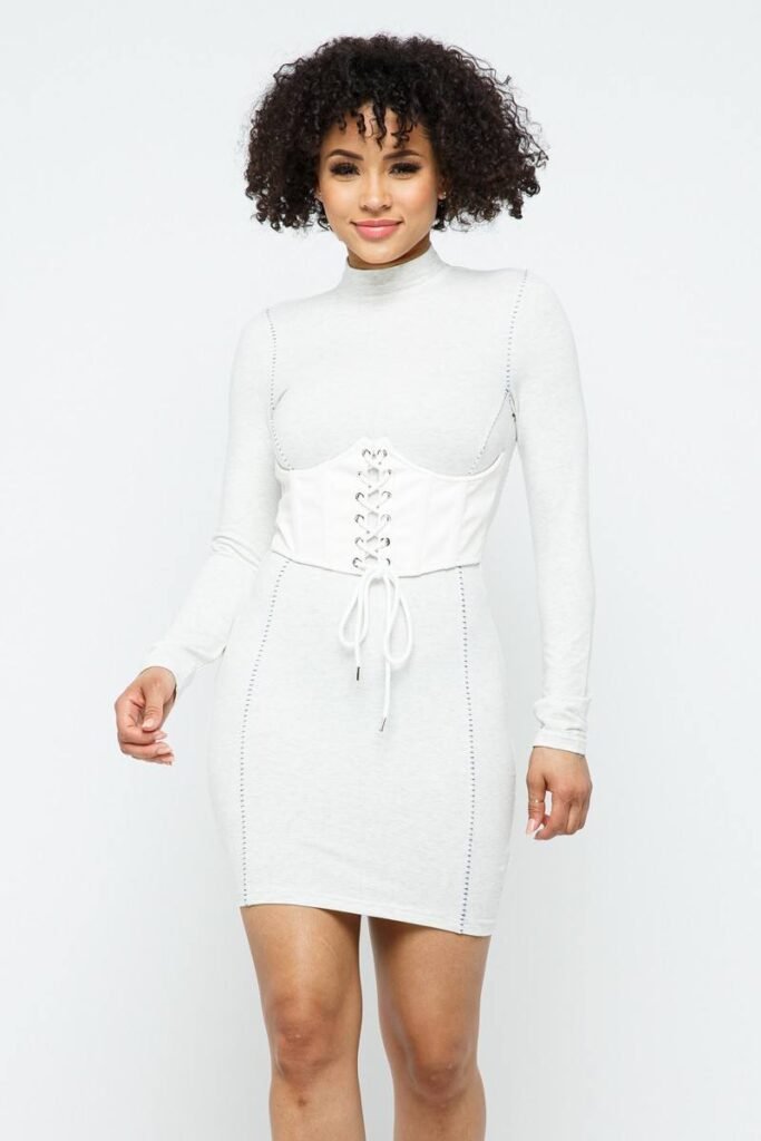mock neck long sleeve bodycon mini w bustier detail and stitching