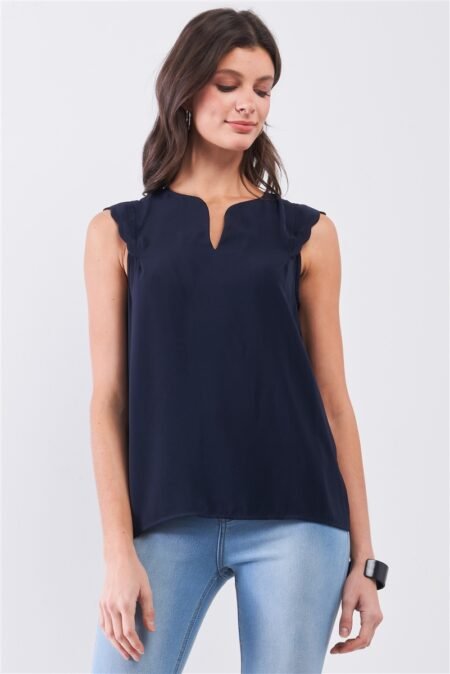 navy slit neckline scallop hem shoulder detail loose fit tank top