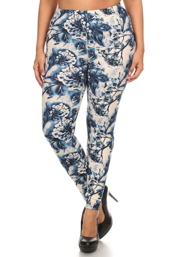 plus size floral print, full length leggings in a slim fitting style with a banded high waist