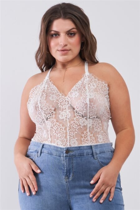 plus size sheer lace sleeveless v neck criss cross back strap bodysuit